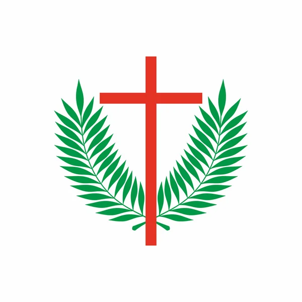 Kościół logo. Symboli chrześcijańskich. Krzyż i dłoń oddziałów. — Wektor stockowy