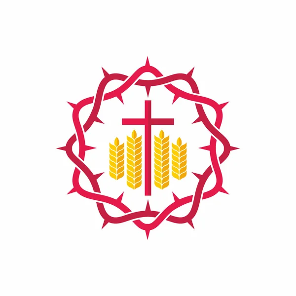 Logo van de kerk. Christelijke symbolen. Kroon van doornen, kruis en wheats. — Stockvector