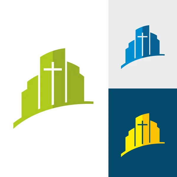 Kościół logo. Symboli chrześcijańskich. Miasta i Jezus krzyż. — Wektor stockowy