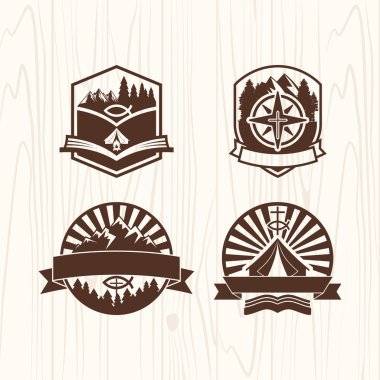 Christian summer camp badges logos and labels for any use, on wooden background texture