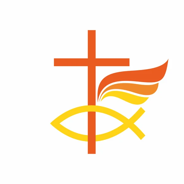 Logo de la iglesia. La cruz de Jesucristo, pez, ala de ángel . — Vector de stock