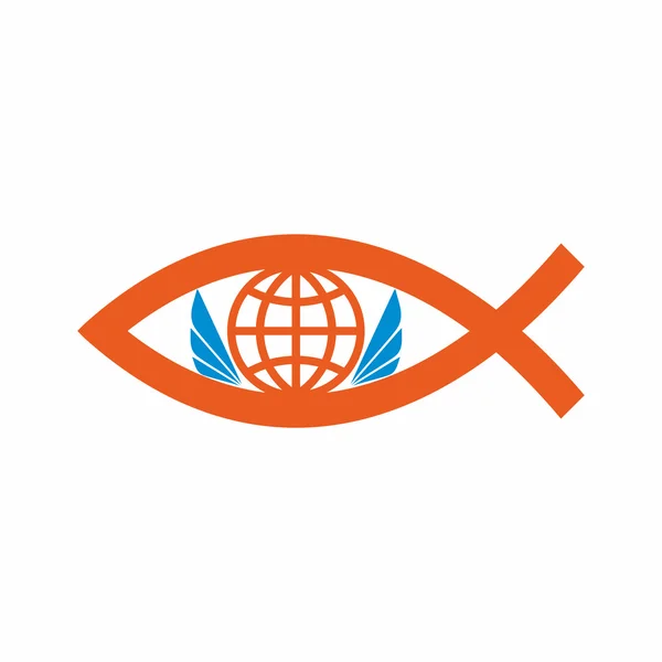 Church logo. Globe, world, christian fish, and angel wings. — Stock Vector