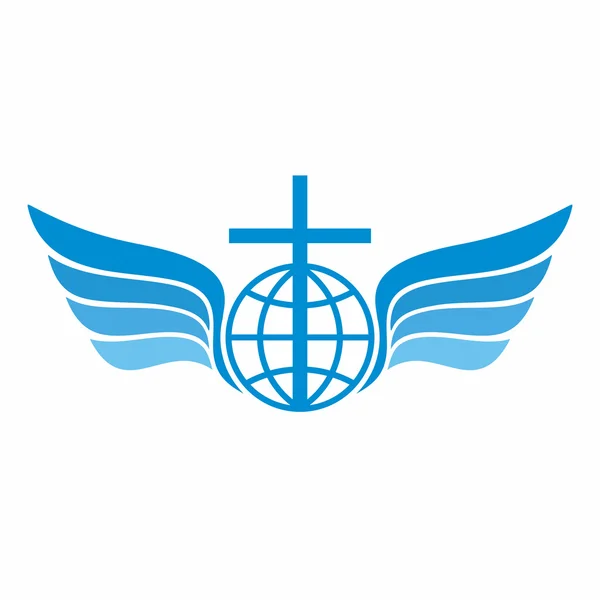 Логотип церкви. Globe, world, Jesus 's cross and angel wings . — стоковый вектор