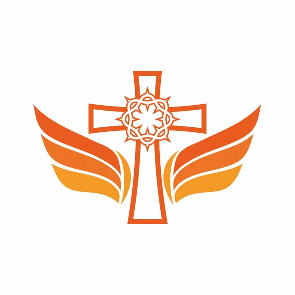 Logo de la iglesia. La cruz de Jesús, corona de espinas, y alas de ángel . — Vector de stock