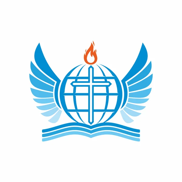 Církev logo. Bible, kříž, glóbus a svět, plamen Ducha svatého a angel wings. — Stockový vektor