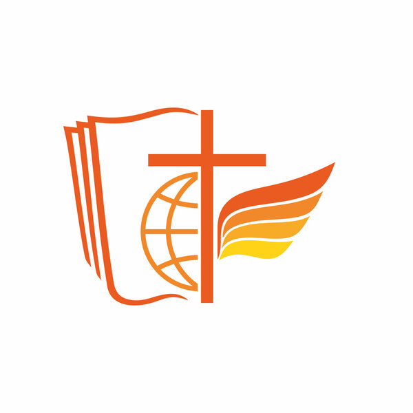 Church logo. The Bible, the Cross of Jesus, world, angel.