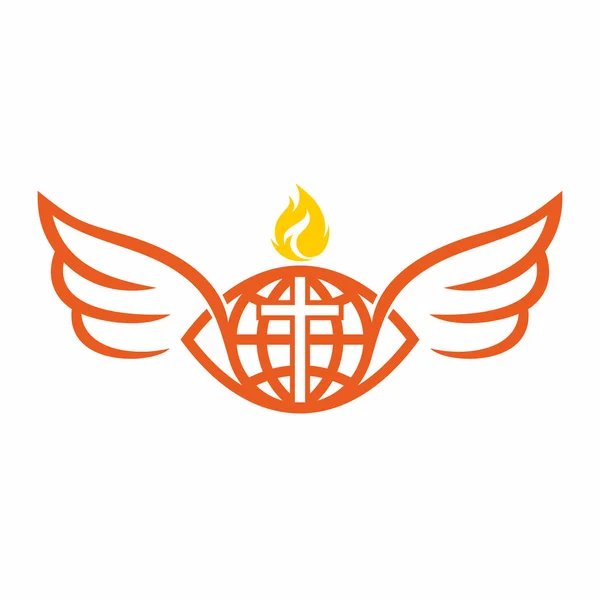 Logo della Chiesa. Globo e croce del mondo di Gesù Cristo, fiamma dello Spirito Santo e ali d'angelo . — Vettoriale Stock