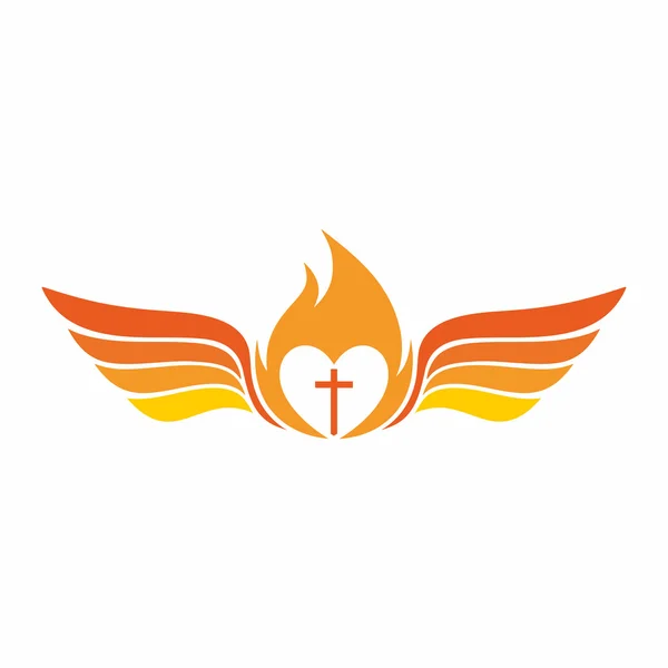 Logotipo da igreja. A cruz de Jesus Cristo, a chama do Espírito Santo, e asas de anjo . —  Vetores de Stock