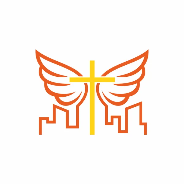 Logo della Chiesa. La croce di Gesù Cristo, la santa Chiesa e le ali degli angeli . — Vettoriale Stock