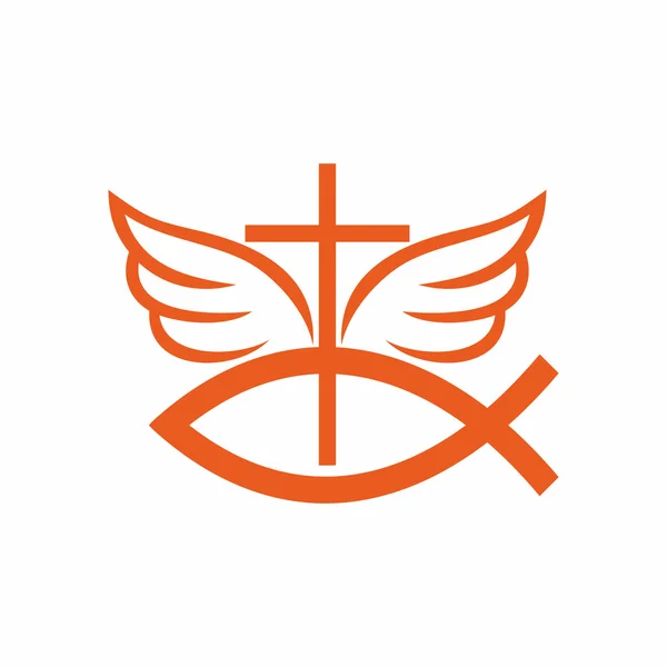 Kirchenlogo. Jesuskreuz, Fisch - Zeichen des Herrn, Engelsflügel. — Stockvektor