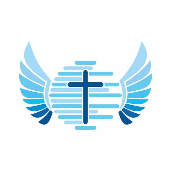Logo de la iglesia. La cruz de Jesucristo, y el globo terráqueo, alas de ángel . — Vector de stock