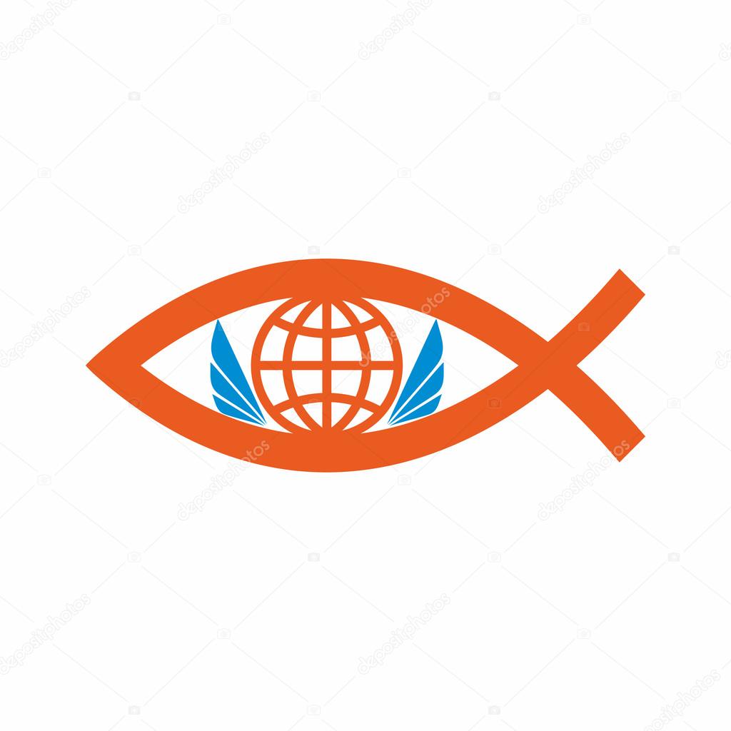 Church logo. Globe, world, christian fish, and angel wings.