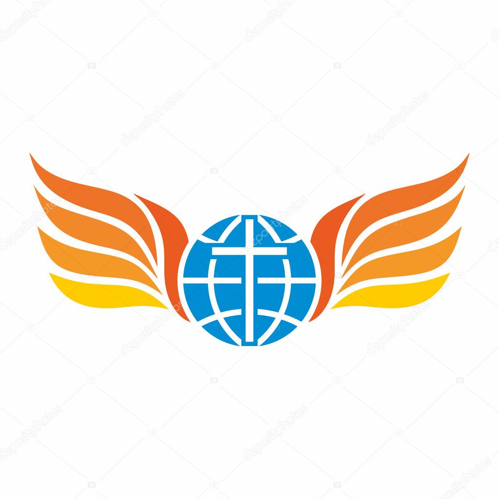 Church logo. Globe, world, Jesus' cross and angel wings.