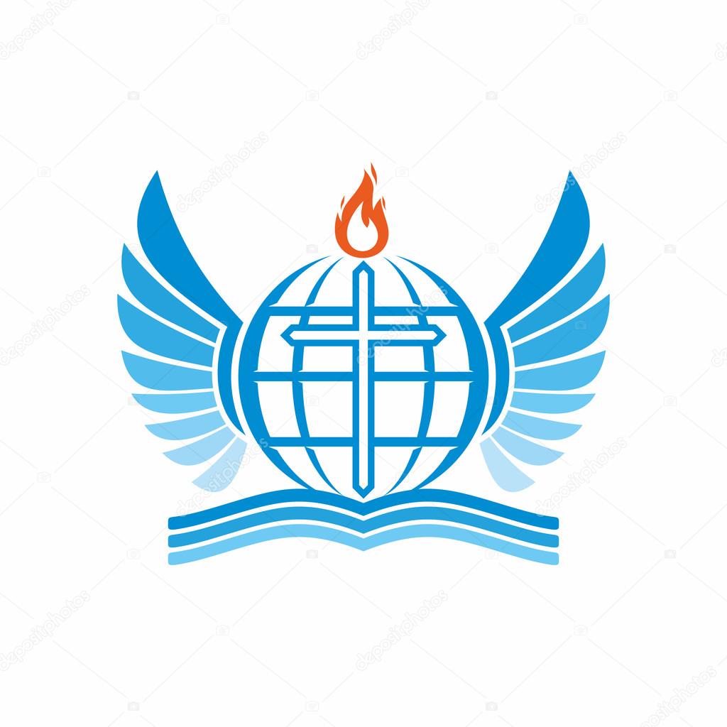 Church logo. Bible, cross, globe and the world, the flame of the Holy Spirit, and angel wings.