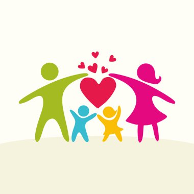 Mutlu bir aile. Çok renkli resimler, sevgi dolu aile üyeleri. Anne: Anne, baba, çocuklar. Logo, simge, işareti.