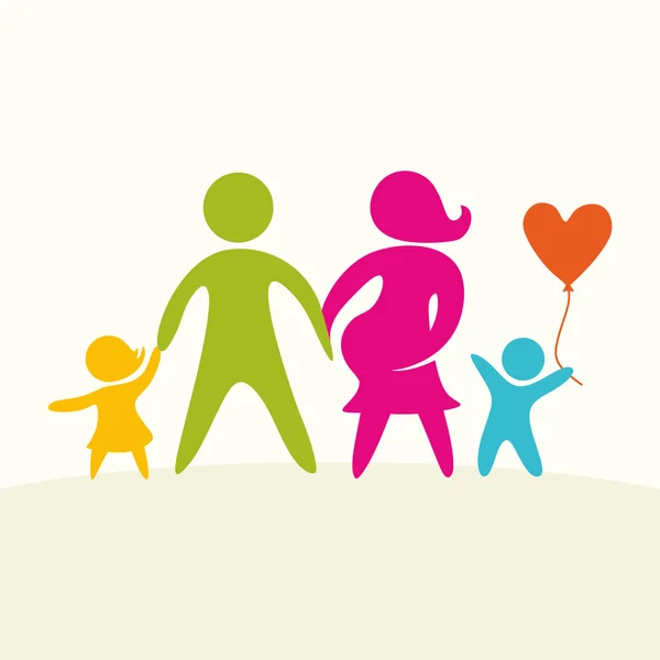 Een gelukkige familie. Veelkleurige cijfers, liefdevolle familie leden. Ouders: Mam, PAP, jonge geitjes. Logo, pictogram, teken. — Stockvector