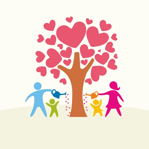 Щаслива сім'я. Різнокольорові фігури, люблячі члени сім'ї. Родина поливає дерево любові . — стоковий вектор