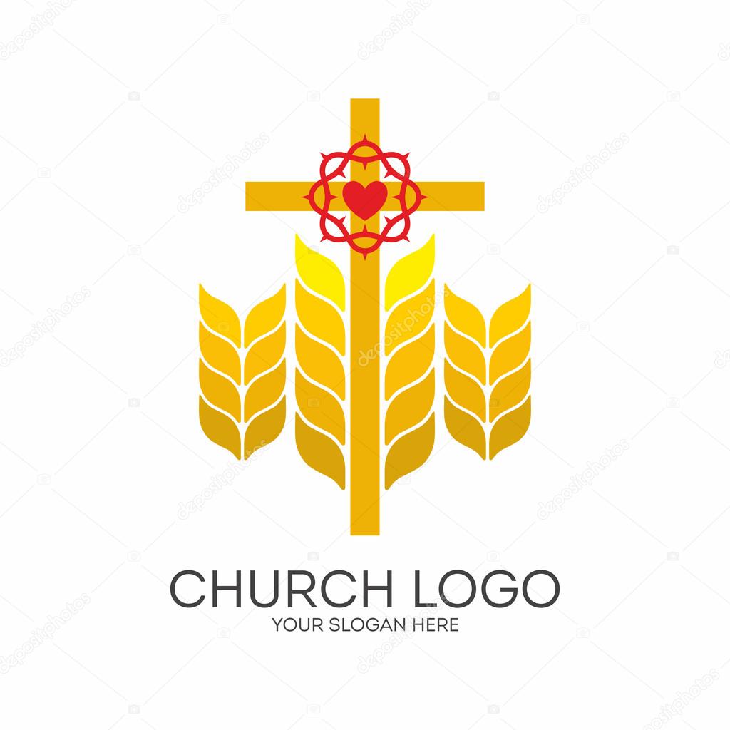 Church logo. Christian symbols. Cross and ripe wheat.