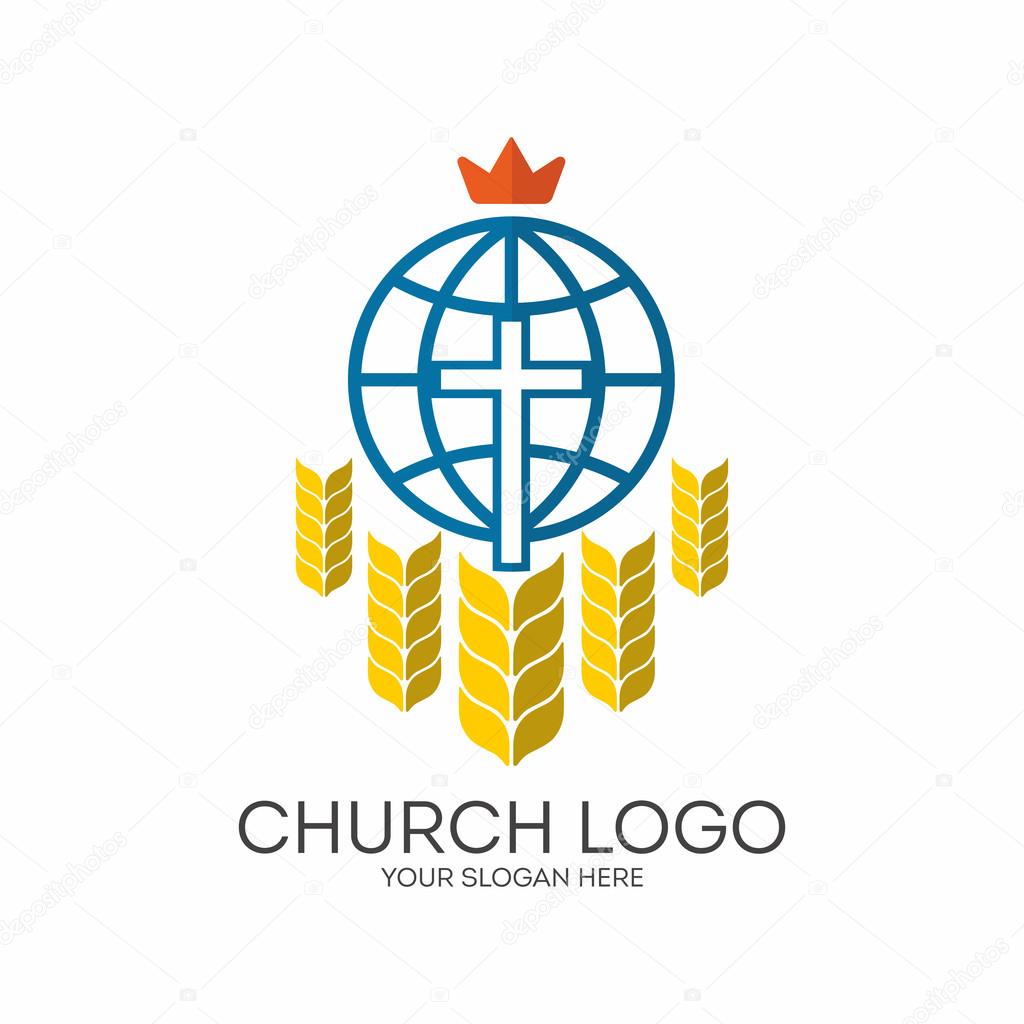 Church logo. Christian symbols. Cross, The Globe and ripe wheat.