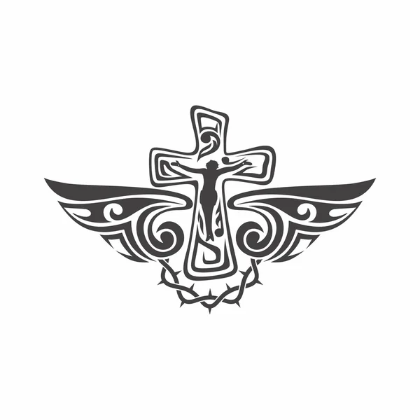 Gotik und Tätowierungen. Christliche Symbole. Kreuz und Heiliggeistflügel. — Stockvektor