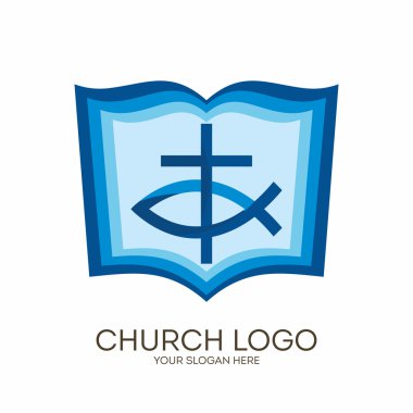 Kilise logosunu görmeniz gerekir. Hıristiyan sembolleri. İncil, çapraz ve İsa balık.