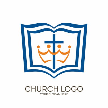 Kilise logosunu görmeniz gerekir. Hıristiyan sembolleri. İncil, çapraz ve taç.