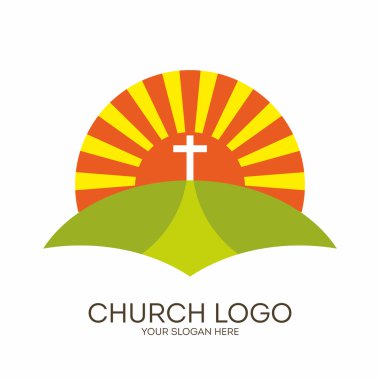 Kilise logosunu görmeniz gerekir. Hıristiyan sembolleri. İncil, güneş ve çapraz.