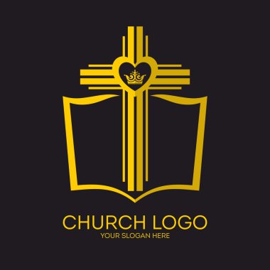 Kilise logosunu görmeniz gerekir. Hıristiyan sembolleri. İncil, İsa ve taç çapraz.
