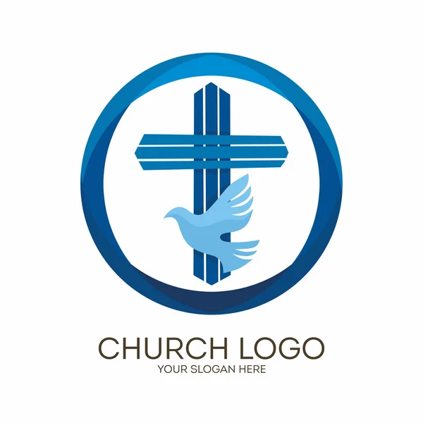 Logotipo da igreja. Símbolos cristãos. A cruz e a pomba de Jesus - o Espírito Santo . — Vetor de Stock