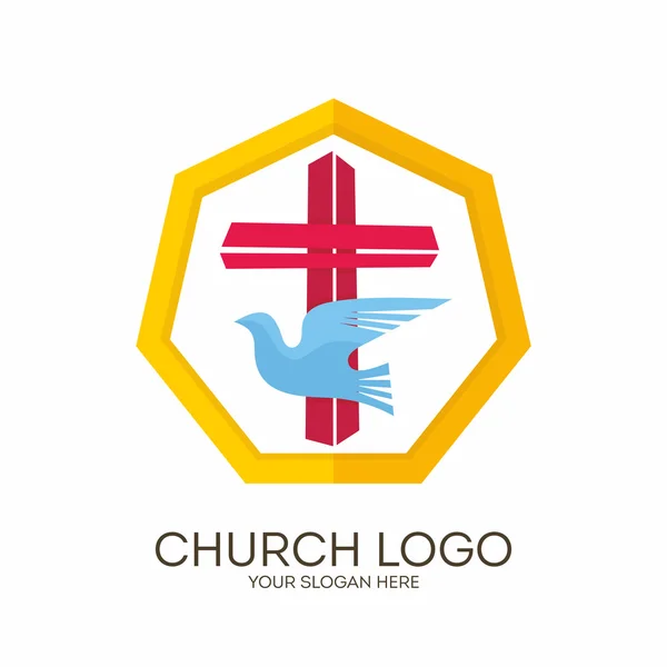 教会のロゴ。キリスト教のシンボル。イエスの十字架と聖霊の鳩-. — ストックベクタ