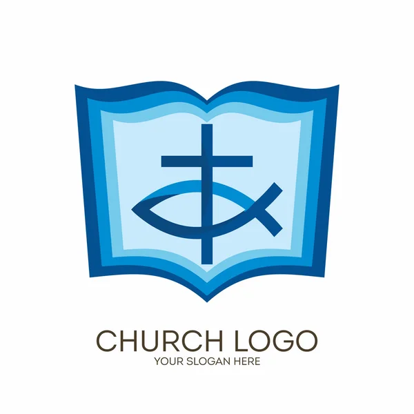 Church logo. Christian symbols. Bible, cross and Jesus fish. — Stock Vector