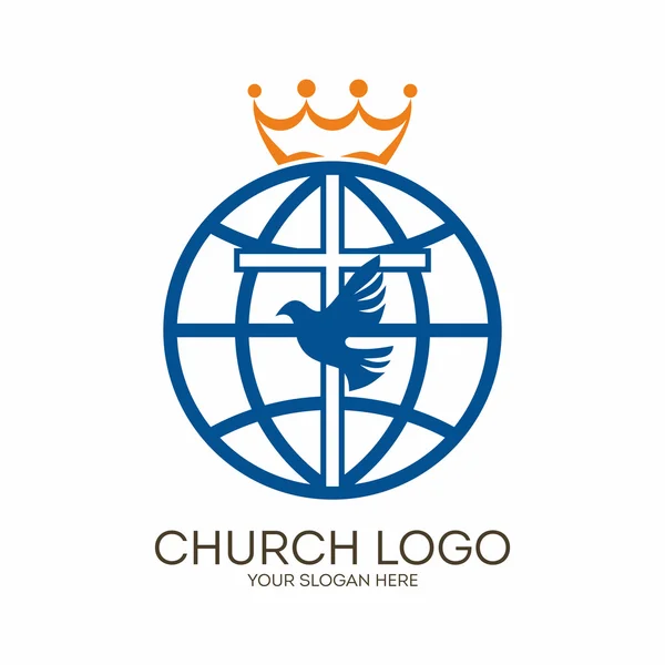 Logotipo da igreja. Símbolos cristãos. Cruz, pomba e globo . — Vetor de Stock