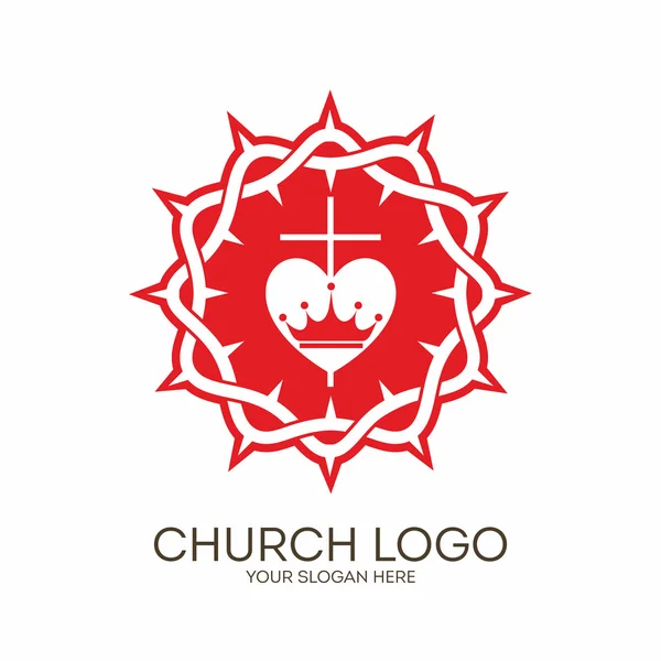 Logotipo da igreja. Símbolos cristãos. Coroa de espinhos, cruz e coração . — Vetor de Stock