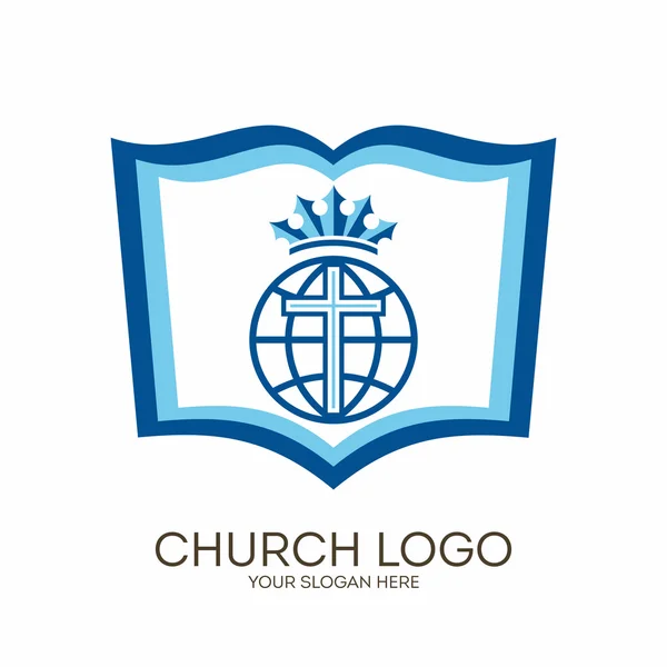 Church logo. Christian symbols. Bible, cross and globe. — Stock Vector