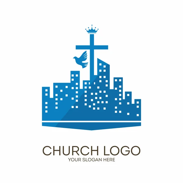 Kirchenlogo. Christliche Symbole. Kreuz, Stadt und Taube. — Stockvektor