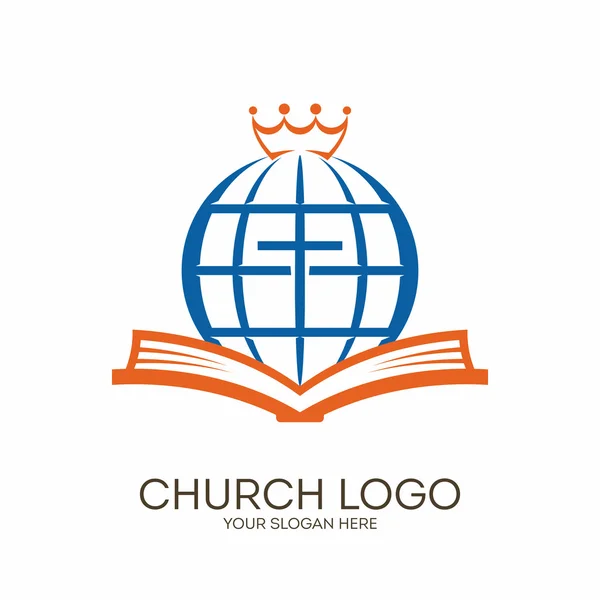 교회 로고입니다. 기독교 기호입니다. 성경, 십자가, 글로브와 크라운. — 스톡 벡터
