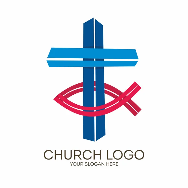 Church logo. Christian symbols. Cross and Jesus fish. — Stock Vector