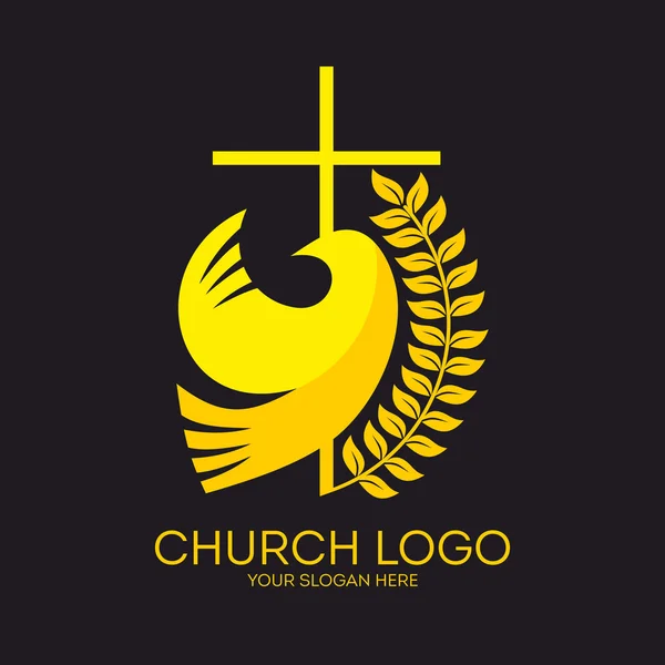 Logotipo da igreja. Símbolos cristãos. Pomba e cruz . — Vetor de Stock