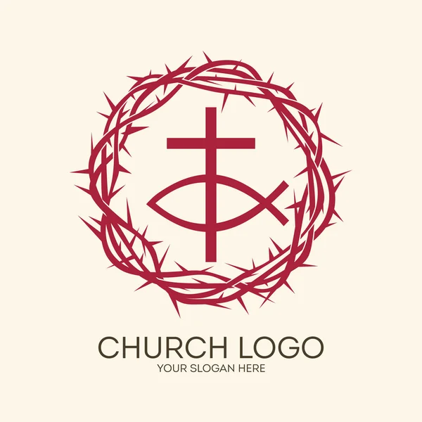 Logotipo da igreja. Símbolos cristãos. Coroa de espinhos, cruz e peixe . — Vetor de Stock