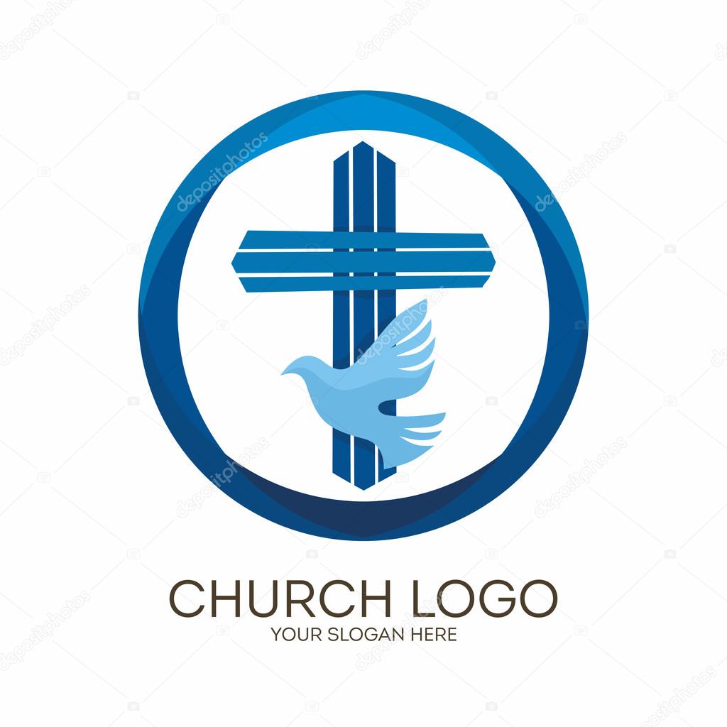Church logo. Christian symbols. Jesus' cross and dove - the Holy Spirit.