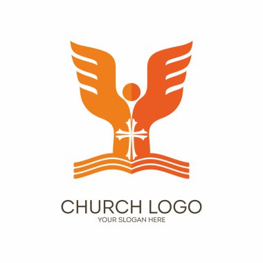 Kilise logosunu görmeniz gerekir. Hıristiyan sembolleri. Kutsal kitap, melek ve İsa'nın haç.