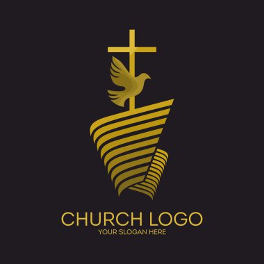 Kilise logosunu görmeniz gerekir. Hıristiyan sembolleri. İsa'nın haç ve güvercin, kutsal ruh.