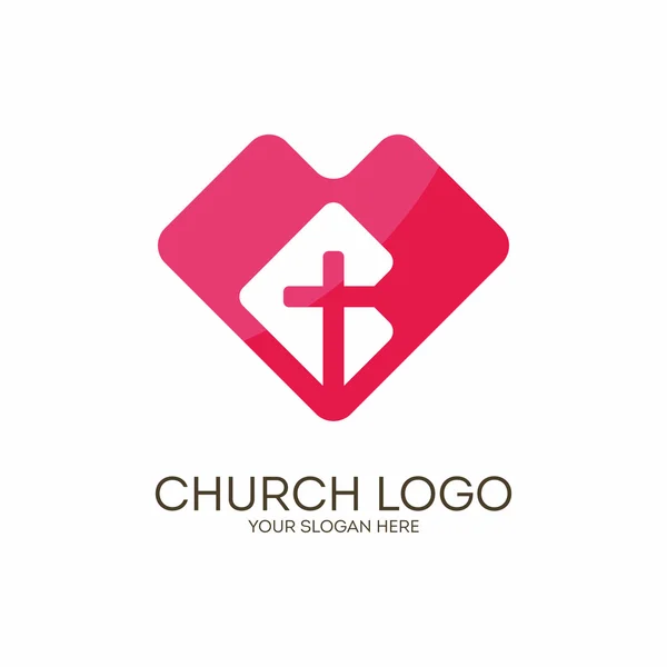 Logotipo da igreja. Símbolos cristãos. Cruz e coração . — Vetor de Stock