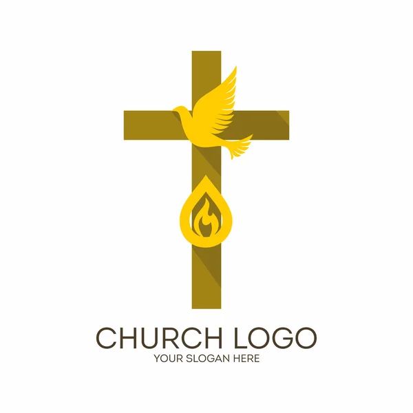 Logo de la iglesia. Símbolos cristianos. Cruz, Espíritu Santo y llama . — Vector de stock