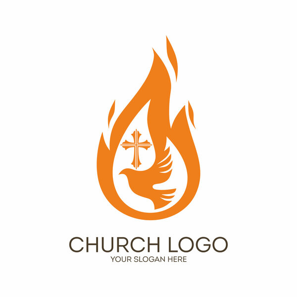 Church logo. Christian symbols. Dove, the flame of the Holy Spirit and the cross of Jesus