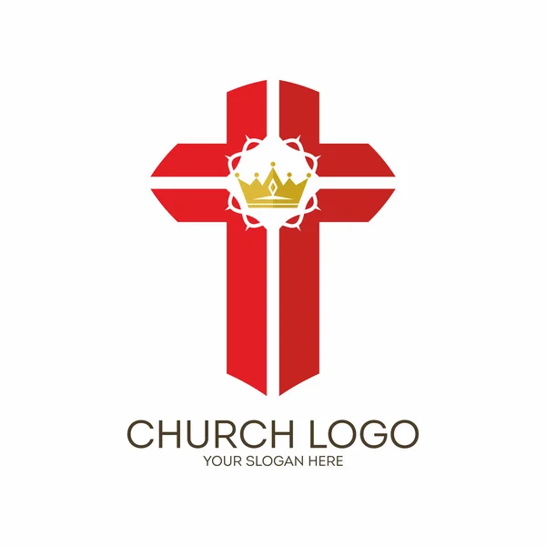 Logo de la iglesia. Símbolos cristianos. La cruz de Jesús y corona de espinas . — Vector de stock