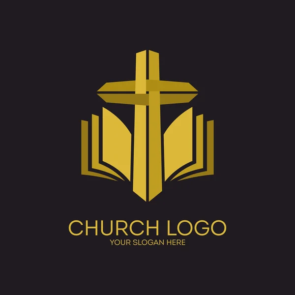 Logo van de kerk. Christelijke symbolen. Gouden Kruis en Heilige Bijbel. — Stockvector