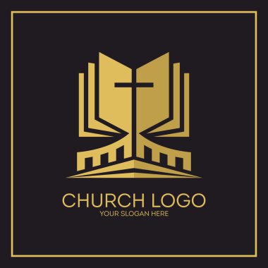 Kilise logosunu görmeniz gerekir. Hıristiyan sembolleri. Kutsal İncil ve İsa çapraz.