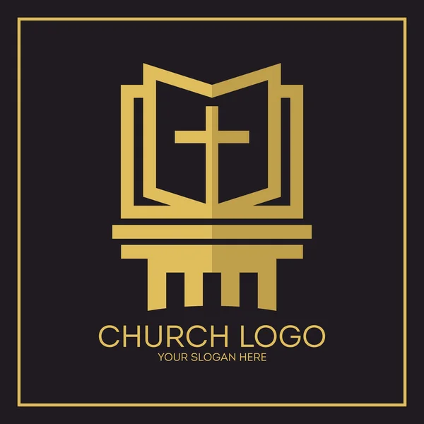 Logo van de kerk. Christelijke symbolen. Heilige Bijbel en Jesus Kruis. — Stockvector