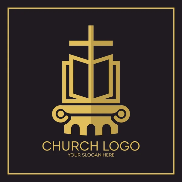 Church logo. Christian symbols. Holy bible and Jesus cross. — Stock Vector